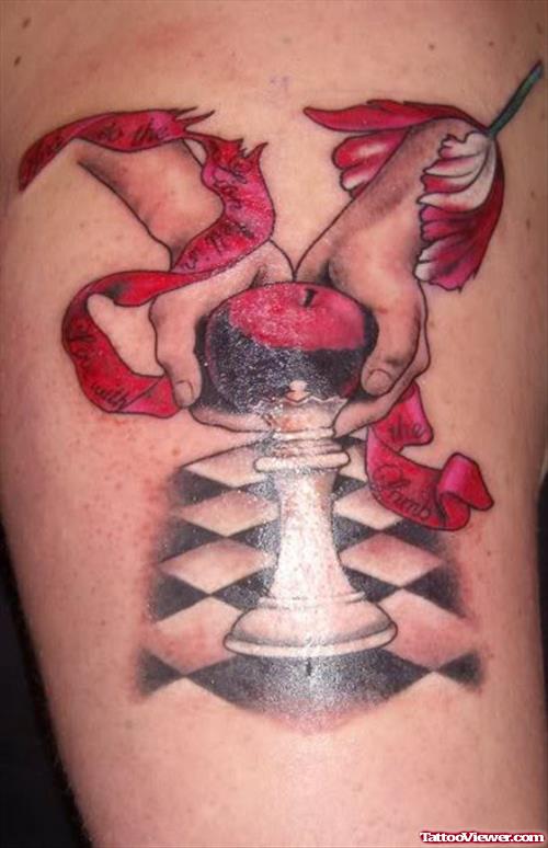 Chess And Twilight Apple Tattoo On Half Sleeve