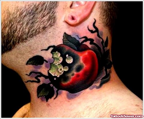 Bite Apple Tattoo On Man Neck