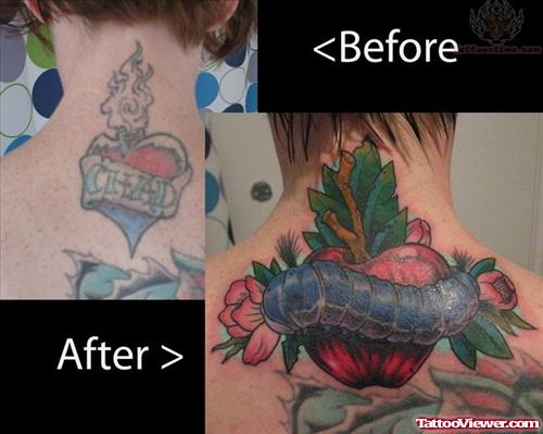 Apple With Banner Tattoo On Upperback