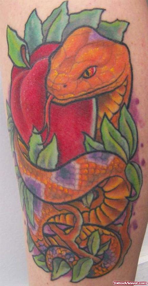 Amazing Snake And Apple Tattoo