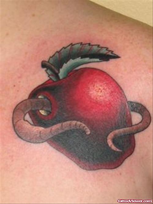 Grey ink Snake And Apple Tattoo On Shoulder