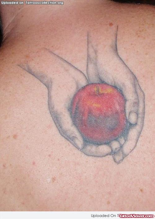 Apple In Hands Tattoo On Upperback