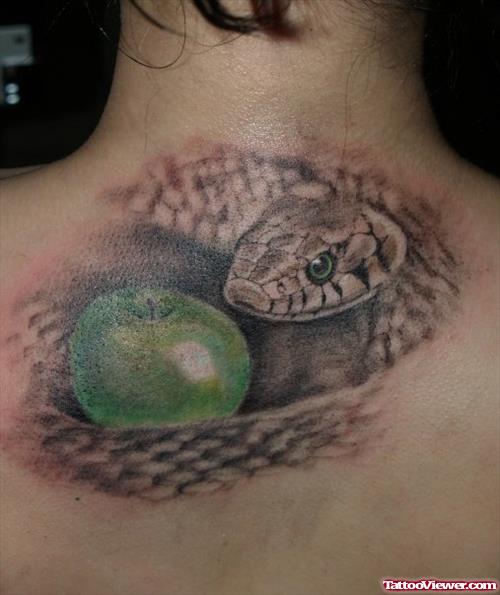 Grey Ink Snake And Green Apple Tattoo On Upperback