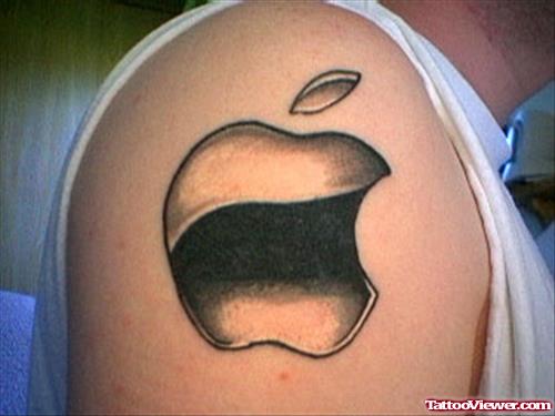Grey Ink Apple Logo Tattoo On Right Shoulder