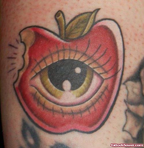 Color Eye And Bite Apple Tattoo