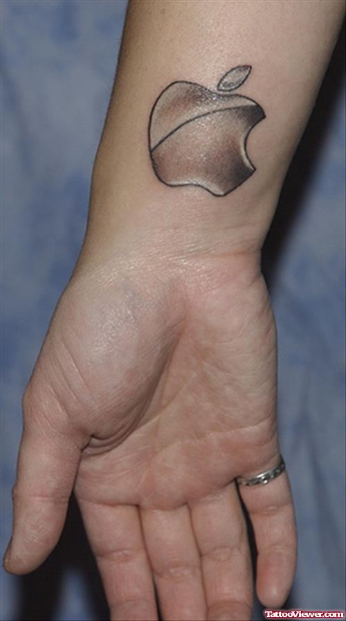 Grey Ink Apple Logo Tattoo On Right Wrist