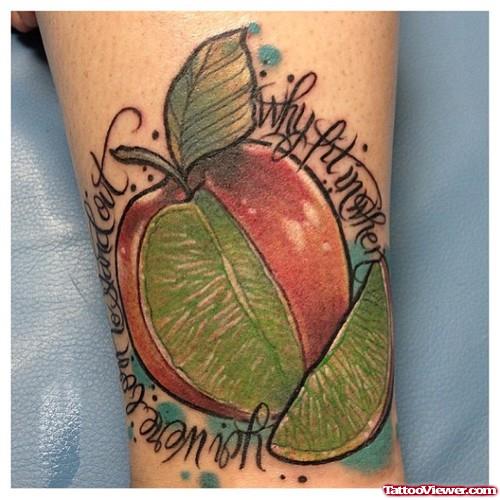 Green And Red Apple Tattoo On Leg