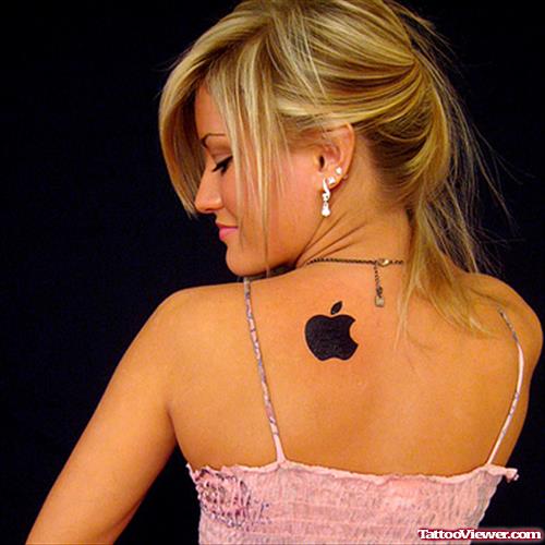Black ink Bite Apple Logo Tattoo On Back