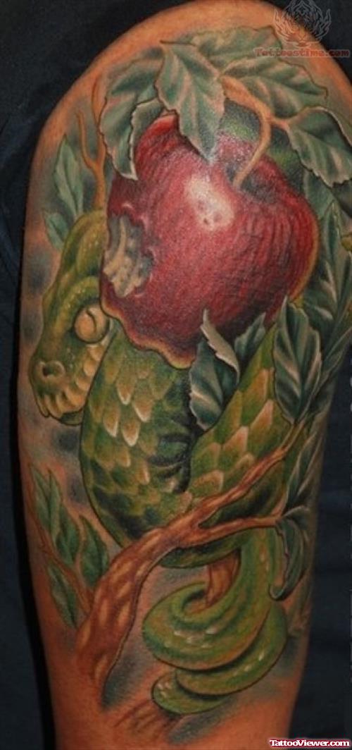 Green Ink Dragon And Red Ink Apple Tattoo