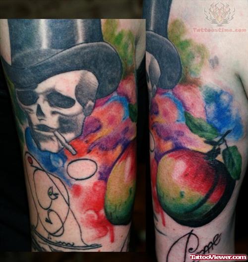 Skull With Hat And Apple Tattoo