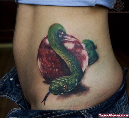 Green Snake And Apple Tattoo On Rib