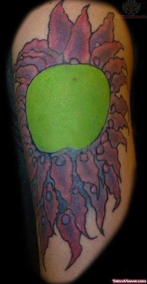 Green Apple Tattoo In Leaves