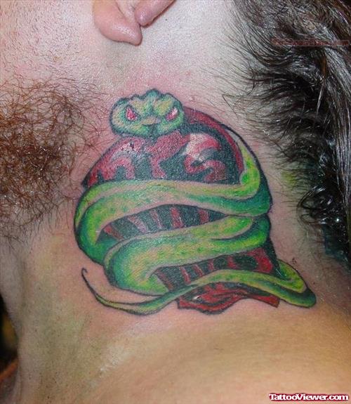Snake And Apple Tattoo On Neck For Boys