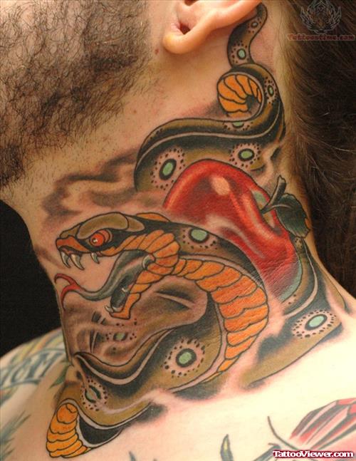 Snake And Apple Tattoo On Neck