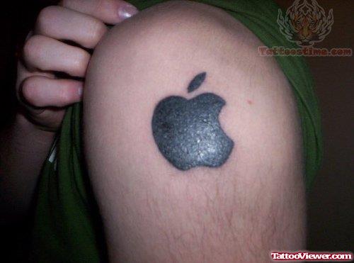 Black Ink Apple Tattoo On Shoulder For Boys