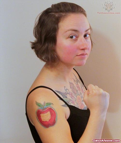 Red Apple Tattoo On Girl Shoulder