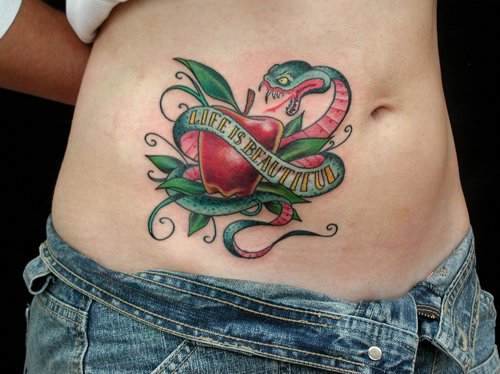 Colored Snake And Apple Tattoo On Hip