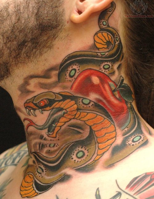 Awesome Snake and Apple Tattoo On Man Side Neck