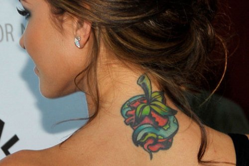Snake And Apple Tattoo On Girl Upperback