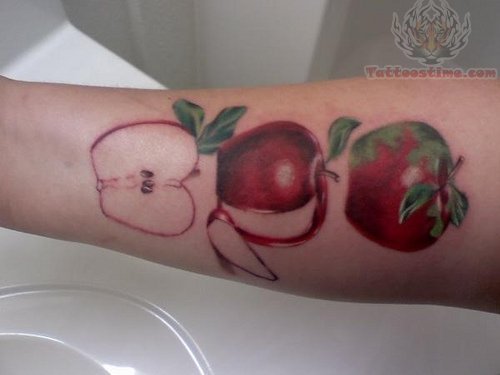 Red Apple And Apple Pieces Tattoo