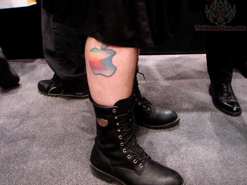 Colorful Apple Logo Tattoo On Leg