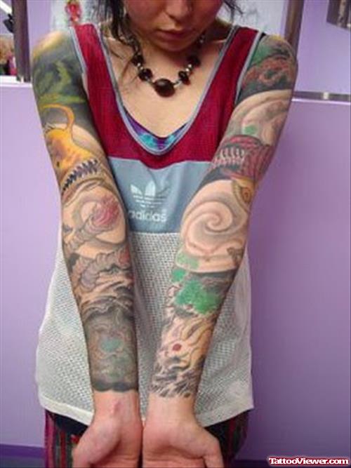 Colored Aqua Tattoos On Both Sleeves