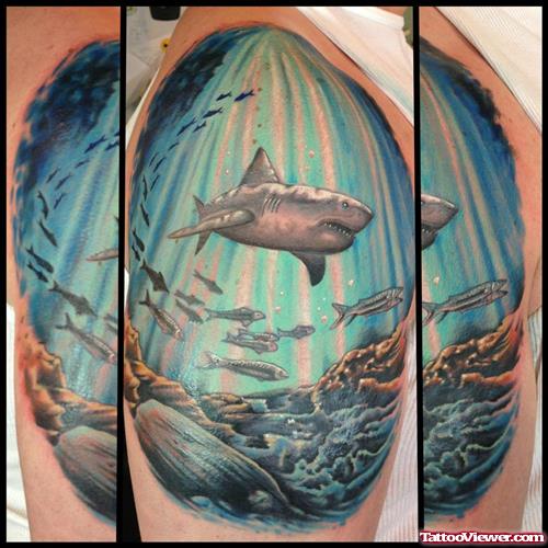 Colored Shark In Sea Aqua Tattoo On Half Sleeve