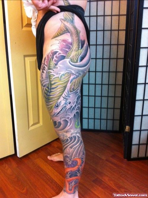 Aqua Tattoo On Left Leg