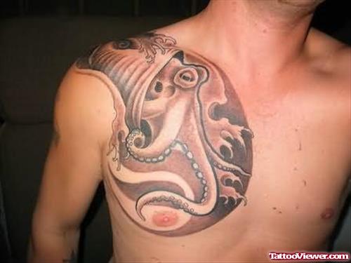 Amazing Grey Ink Aqua Octopus Tattoo On Man Chest