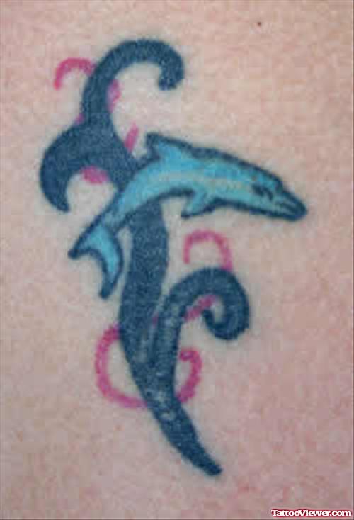 Tribal And Blue Dolphin Aqua Tattoo