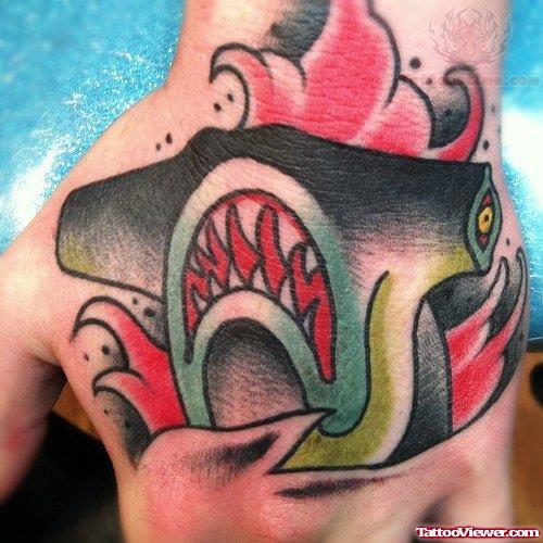 Hammerhead Shark Aqua Tattoo On Left Hand