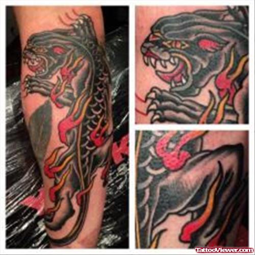 Black Ink Panther Head Fish Aqua Tattoo