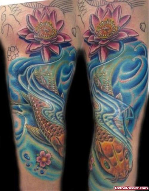 Color Lotus Flowers And Fish Aqua Tattoo