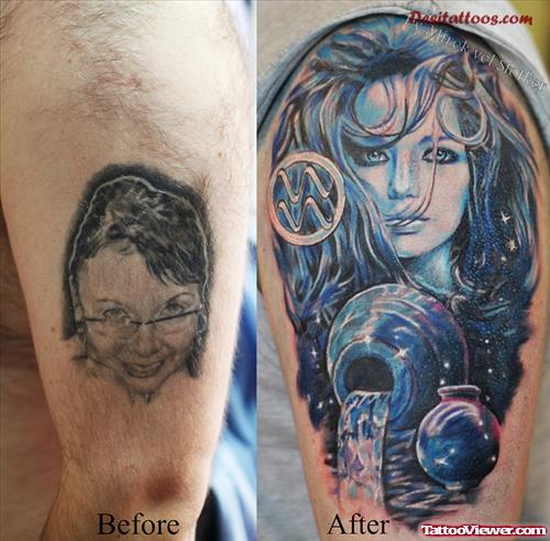 Aqua Tattoo On Girl Left Bicep