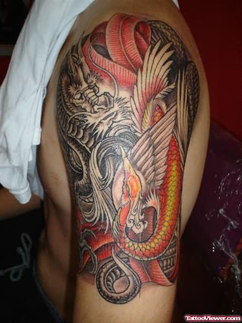 Colored Dragon Aqua Tattoo On Left Half Sleeve