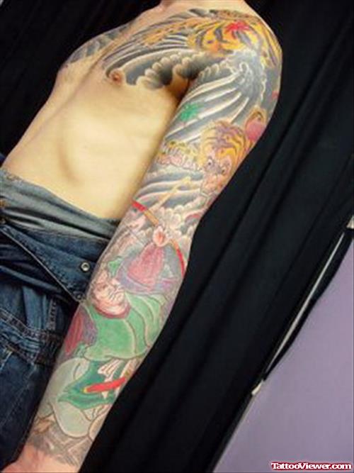 Colored Aqua Tattoo On Man Left Sleeve
