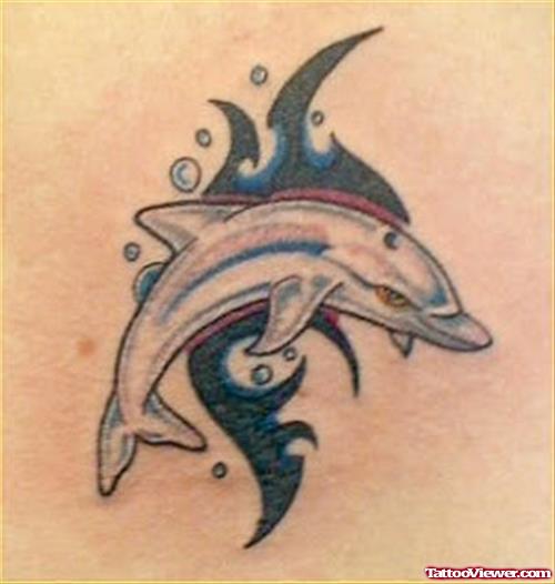 Black Tribal And Dolphin Aqua Tattoo