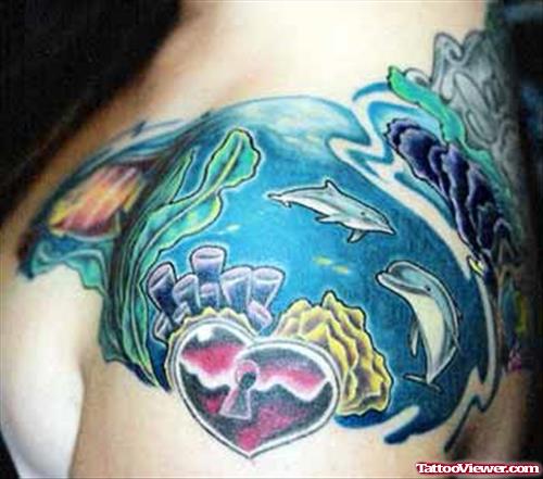 Amazing Colored Sea Creatures Aqua Tattoo On Left Shoulder