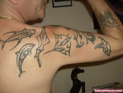 Black Ink Sea Creatures Aqua Tattoo On Half Sleeve
