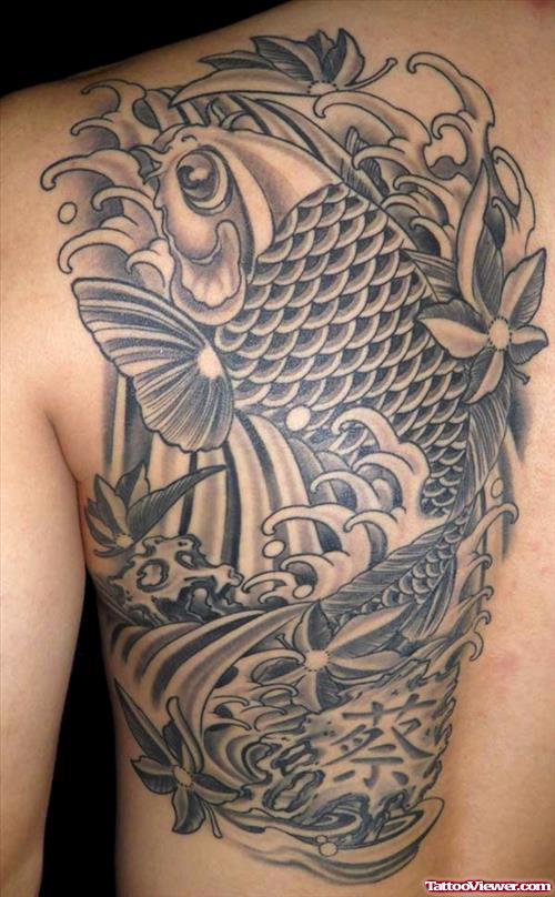 Awesome Grey Ink Aqua Tattoo On Back Shoulder