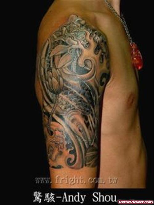 Aqua Tattoo On Man Right Half Sleeve