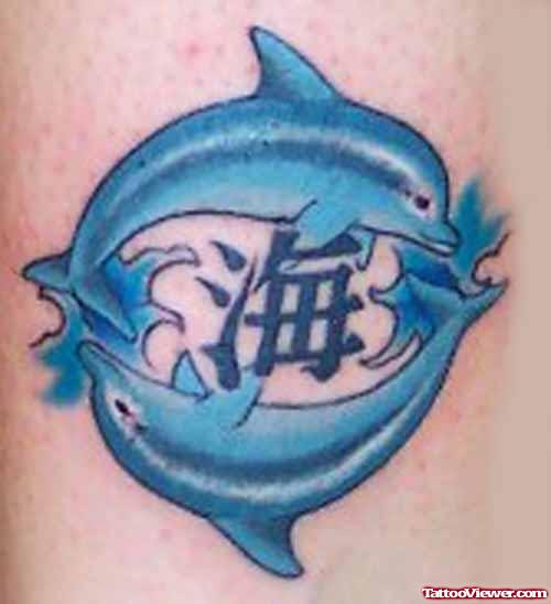 Amazing Blue Ink Dolphin Aqua Tattoo