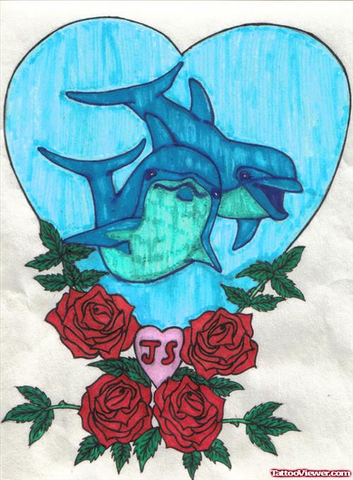 Red Roses And Dolphins Aqua Tattoo Design