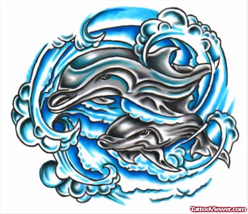 Dolphins In Water Aqua Tattoo Design