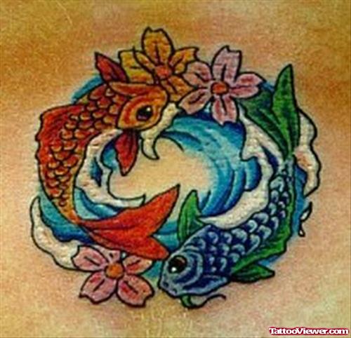 Colored Flowers And Aqua Fish Tattoos
