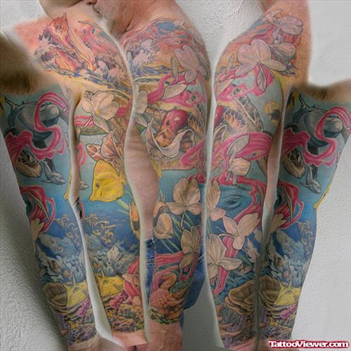 Awesome Colored Sea Creatures Tattoo On Full Sleeve
