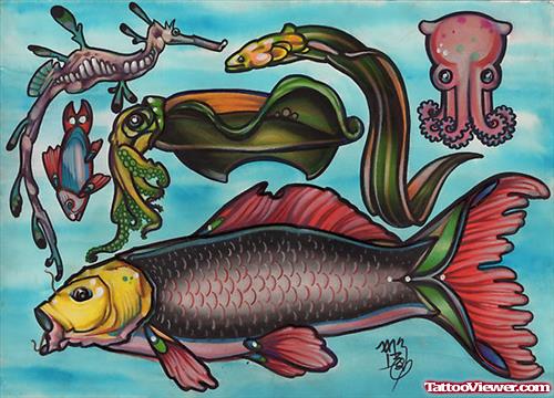Awesome Colored Sea Creatures Aqua Tattoo Design