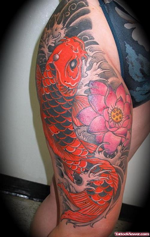 Amazing Colored Flowers And Koi Tattoo On Right Leg