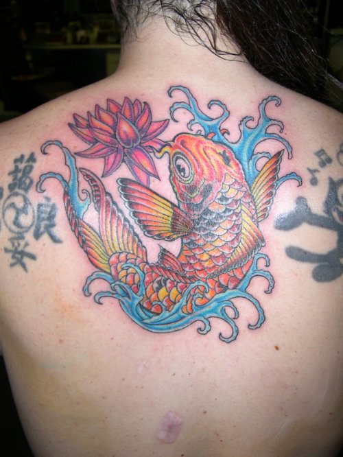 Lotus Flower And Aqua Tattoo On Back