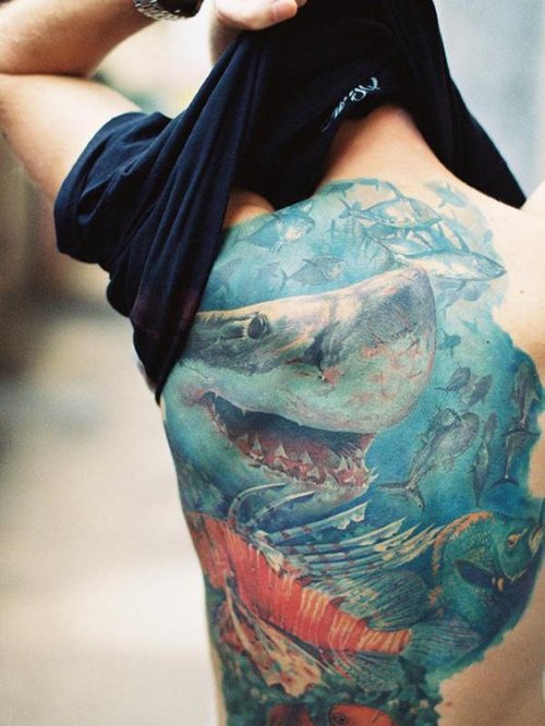 Blue Ocean Shark Aqua Tattoo On Back